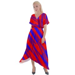 Geometric Blocks, Blue And Red Triangles, Abstract Pattern Cross Front Sharkbite Hem Maxi Dress by Casemiro