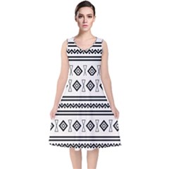 Black And White Aztec V-neck Midi Sleeveless Dress  by tmsartbazaar