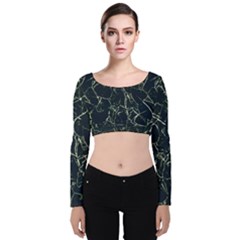 Neon Silhouette Leaves Print Pattern Velvet Long Sleeve Crop Top by dflcprintsclothing