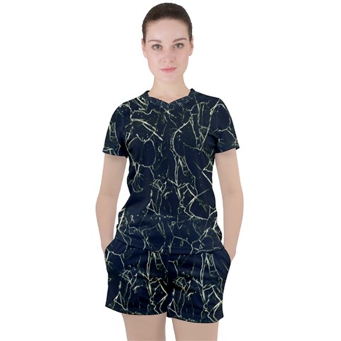 Neon Silhouette Leaves Print Pattern Women s Tee And Shorts Set by dflcprintsclothing