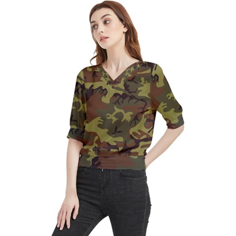 Camo Green Brown Quarter Sleeve Blouse by retrotoomoderndesigns