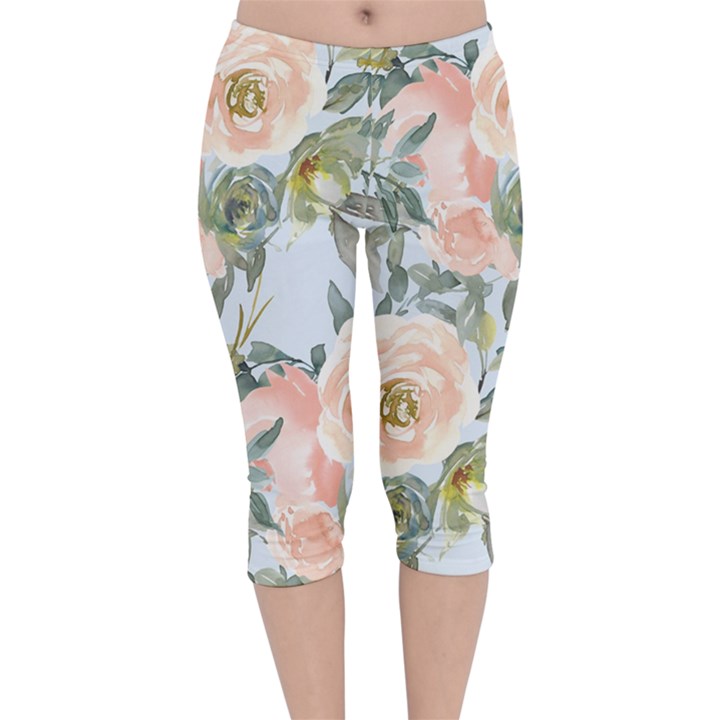 Pink Old Fashioned Roses Velvet Capri Leggings 