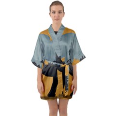 Illustrations Sketch Elephant Wallpaper Half Sleeve Satin Kimono 