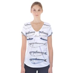 Pencil Fish Sardine Drawing Short Sleeve Front Detail Top