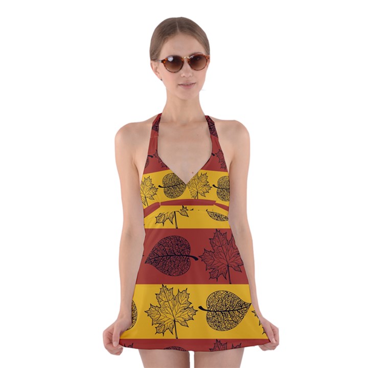 Autumn Leaves Colorful Nature Halter Dress Swimsuit 