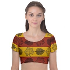 Autumn Leaves Colorful Nature Velvet Short Sleeve Crop Top 