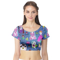 Blue Denim And Drawings Short Sleeve Crop Top by snowwhitegirl