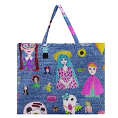 Blue Denim And Drawings Zipper Large Tote Bag by snowwhitegirl