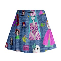 Blue Denim And Drawings Mini Flare Skirt by snowwhitegirl