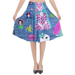 Blue Denim And Drawings Flared Midi Skirt by snowwhitegirl