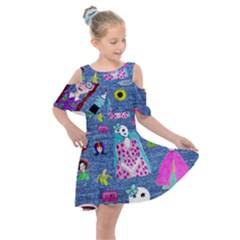 Blue Denim And Drawings Kids  Shoulder Cutout Chiffon Dress by snowwhitegirl