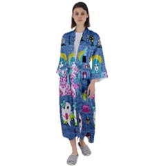 Blue Denim And Drawings Maxi Satin Kimono