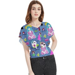 Blue Denim And Drawings Butterfly Chiffon Blouse