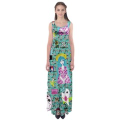 Blue Denim And Drawings Daisies Aqua Empire Waist Maxi Dress