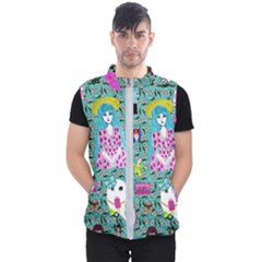 Blue Denim And Drawings Daisies Aqua Men s Puffer Vest