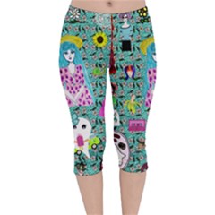 Blue Denim And Drawings Daisies Aqua Velvet Capri Leggings  by snowwhitegirl