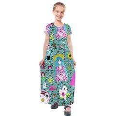 Blue Denim And Drawings Daisies Aqua Kids  Short Sleeve Maxi Dress by snowwhitegirl