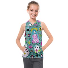 Blue Denim And Drawings Daisies Aqua Kids  Sleeveless Hoodie