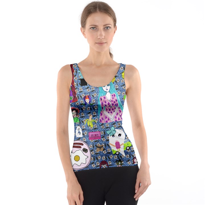 Blue Denim And Drawings Daisies Tank Top