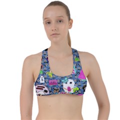 Blue Denim And Drawings Daisies Criss Cross Racerback Sports Bra by snowwhitegirl