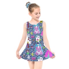 Blue Denim And Drawings Daisies Kids  Skater Dress Swimsuit by snowwhitegirl