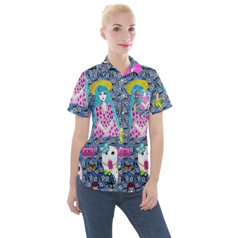 Blue Denim And Drawings Daisies Women s Short Sleeve Pocket Shirt by snowwhitegirl