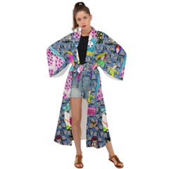 Blue Denim And Drawings Daisies Maxi Kimono by snowwhitegirl