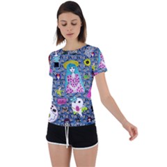 Blue Denim And Drawings Daisies Back Circle Cutout Sports Tee