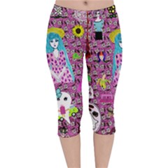 Blue Denim And Drawings Daisies Pink Velvet Capri Leggings  by snowwhitegirl