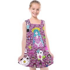 Blue Denim And Drawings Daisies Pink Kids  Cross Back Dress by snowwhitegirl