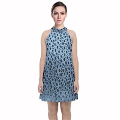 Blue Spotty Pattern Velvet Halter Neckline Dress  by LoolyElzayat