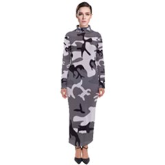 Army Winter Camo, Camouflage Pattern, Grey, Black Turtleneck Maxi Dress