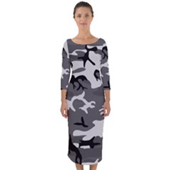 Army Winter Camo, Camouflage Pattern, Grey, Black Quarter Sleeve Midi Bodycon Dress