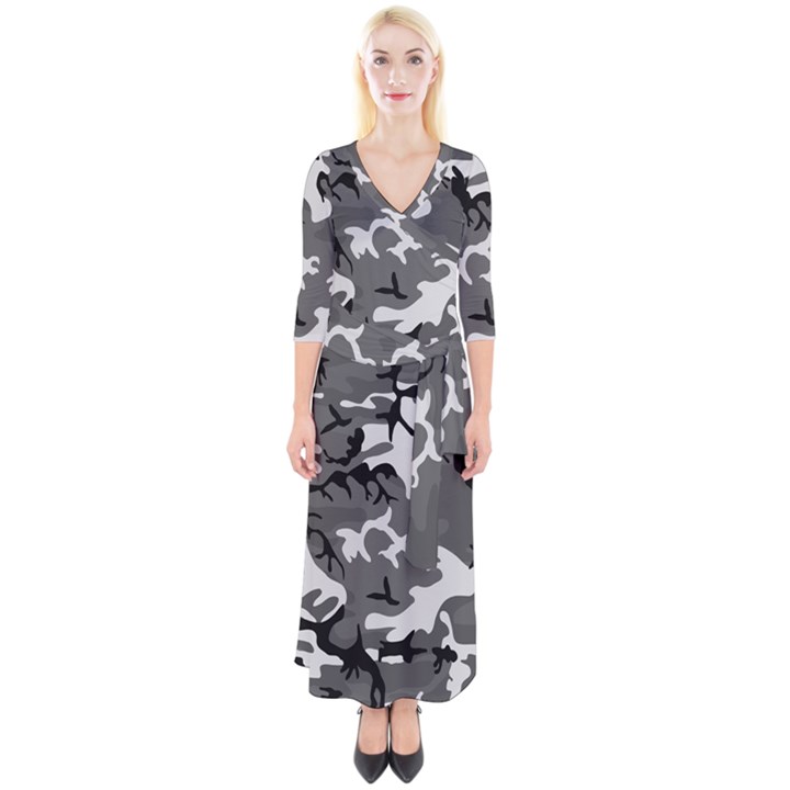 Army winter camo, camouflage pattern, grey, black Quarter Sleeve Wrap Maxi Dress