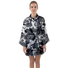 Army Winter Camo, Camouflage Pattern, Grey, Black Long Sleeve Satin Kimono