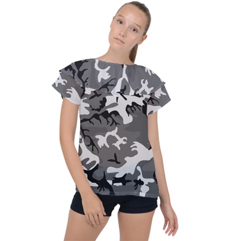 Army Winter Camo, Camouflage Pattern, Grey, Black Ruffle Collar Chiffon Blouse by Casemiro