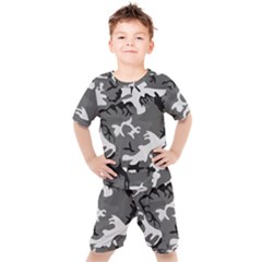 Army Winter Camo, Camouflage Pattern, Grey, Black Kids  Tee And Shorts Set by Casemiro