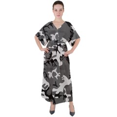 Army Winter Camo, Camouflage Pattern, Grey, Black V-neck Boho Style Maxi Dress by Casemiro