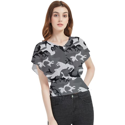 Army Winter Camo, Camouflage Pattern, Grey, Black Butterfly Chiffon Blouse by Casemiro