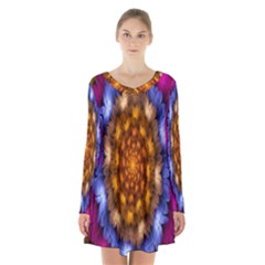 Fractal Flower Long Sleeve Velvet V-neck Dress by Sparkle