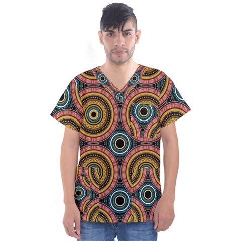 Aztec Multicolor Mandala Men s V-neck Scrub Top by tmsartbazaar