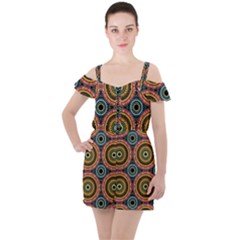 Aztec Multicolor Mandala Ruffle Cut Out Chiffon Playsuit by tmsartbazaar