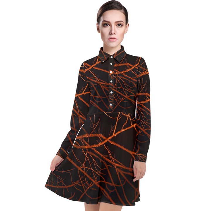 Dark Forest Scene Print Long Sleeve Chiffon Shirt Dress