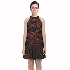 Dark Forest Scene Print Velvet Halter Neckline Dress  by dflcprintsclothing