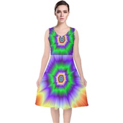 Psychedelic Trance V-neck Midi Sleeveless Dress 