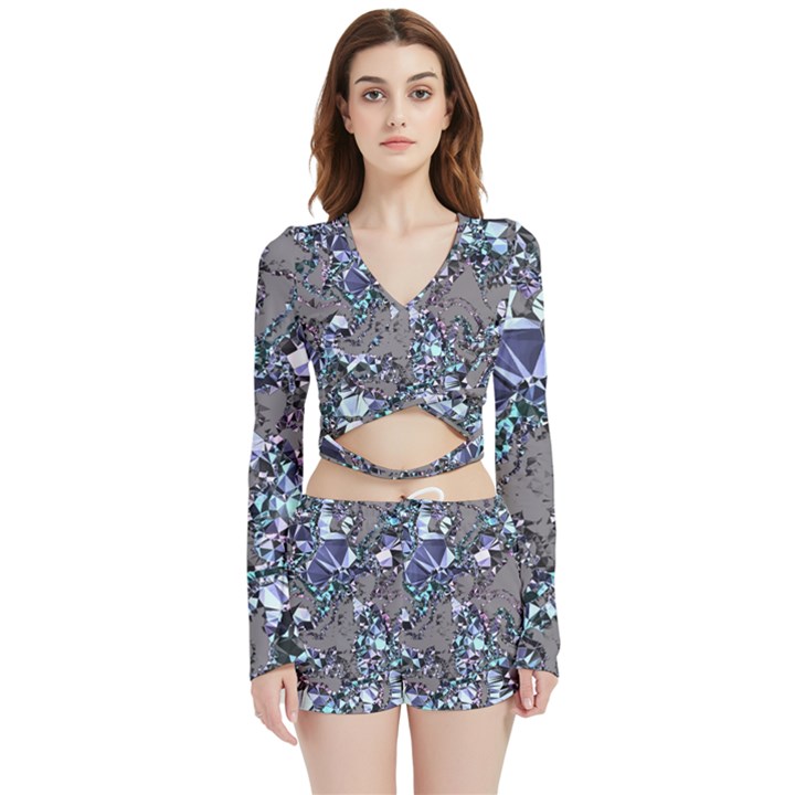 Crystal Puke Velvet Wrap Crop Top and Shorts Set