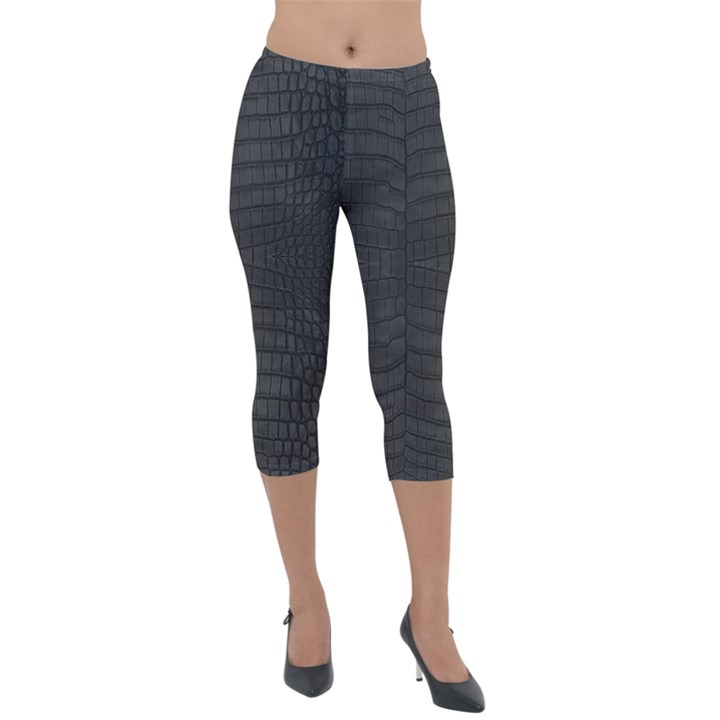 Black Crocodile Skin Lightweight Velour Capri Leggings 