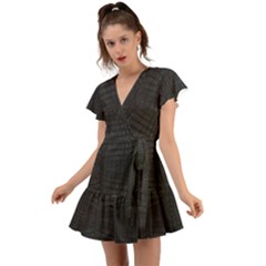 Black Crocodile Skin Flutter Sleeve Wrap Dress by LoolyElzayat