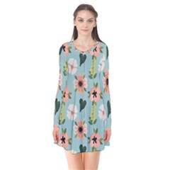 Flower White Blue Pattern Floral Long Sleeve V-neck Flare Dress by Mariart