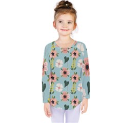 Flower White Blue Pattern Floral Kids  Long Sleeve Tee